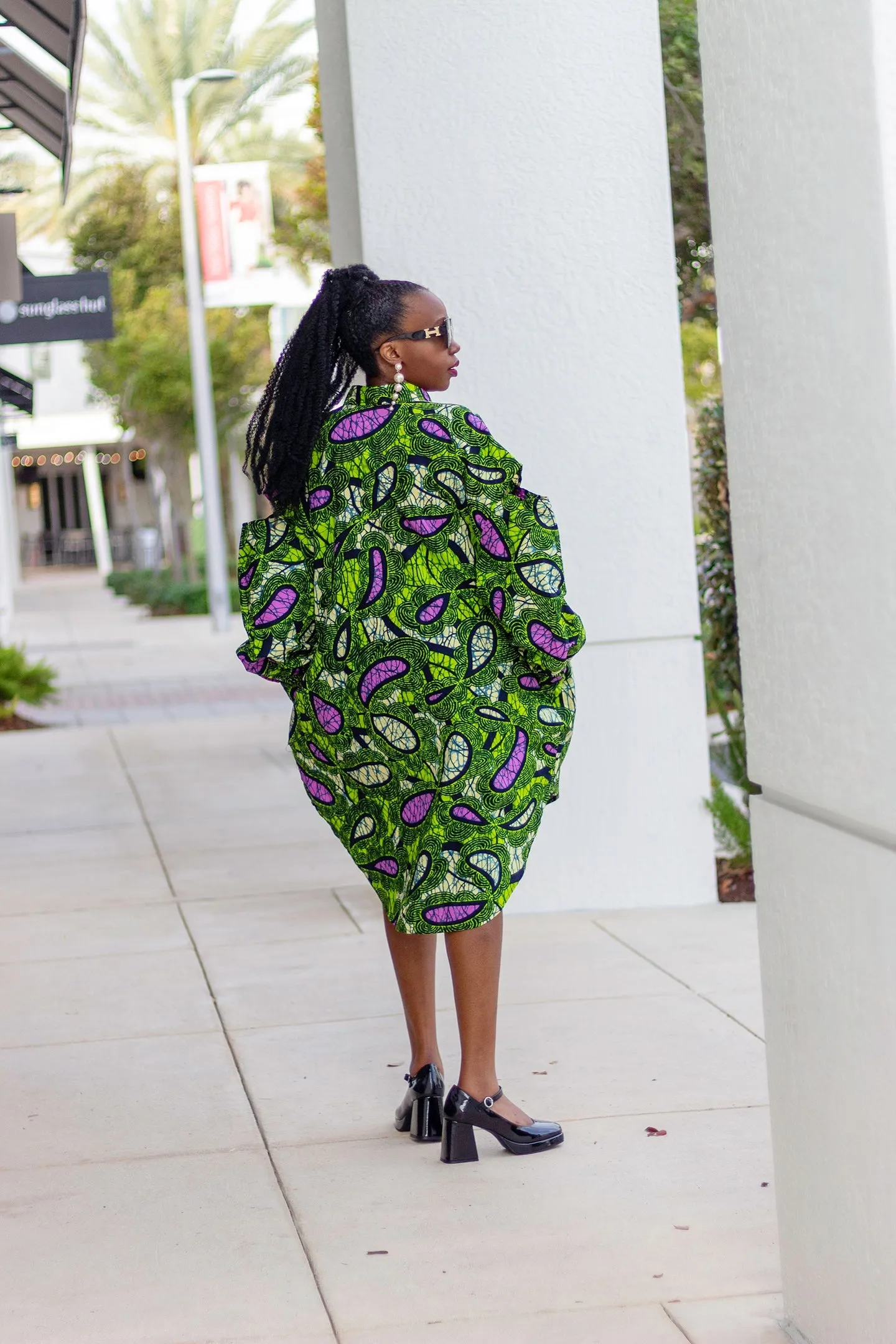 African Print/Ankara/Kitenge High-Low Oversized Shirt with Drop Sleeves and Pockets - Green/Purple/Cream White  and Black motif Print