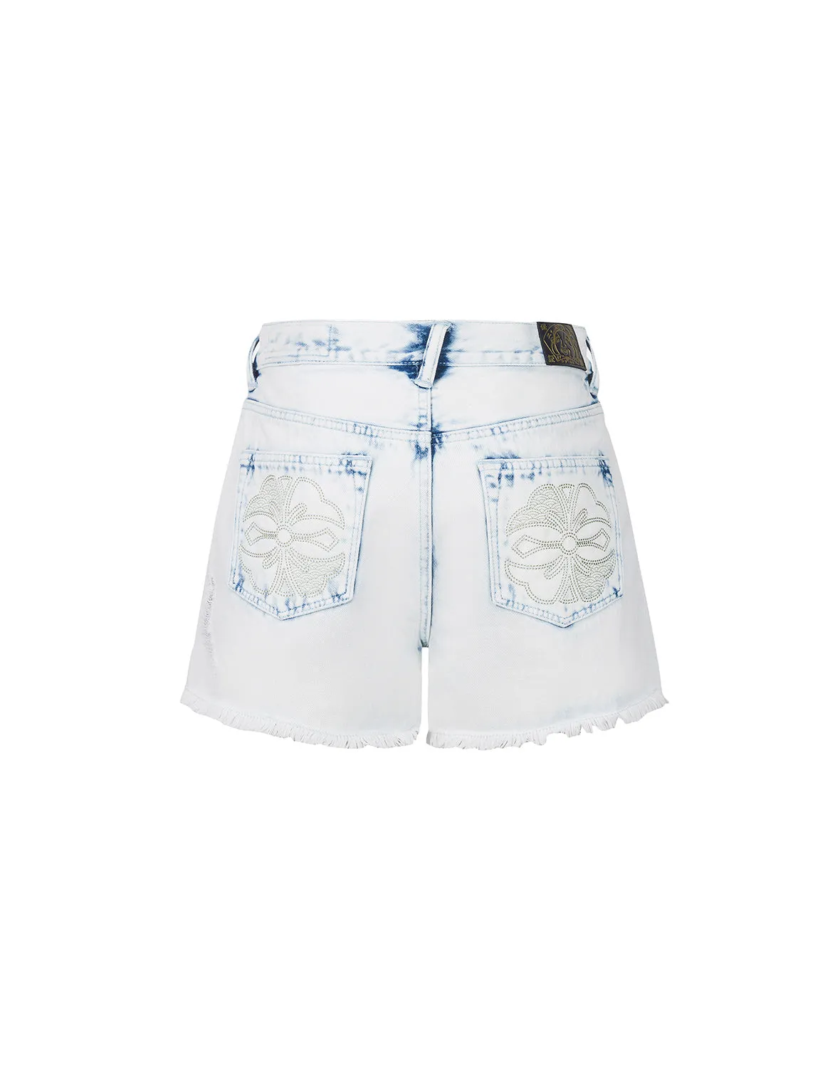 Bleach Washed Kamon Embroidery Regular Fit Denim Shorts
