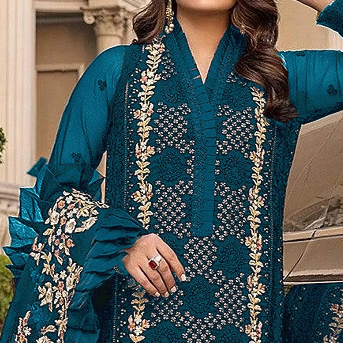 Bottle Blue Sequins With Floral Embroidered Georgette Pakistani Suit
