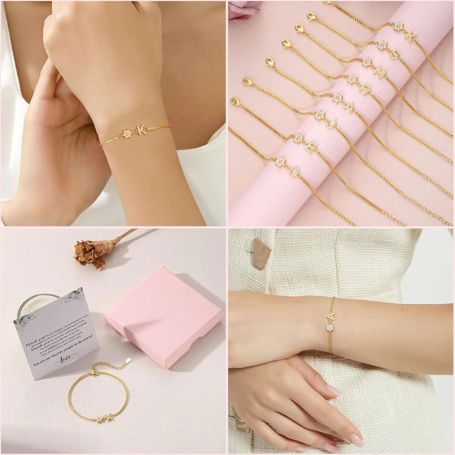 Bridesmaid Proposal Gifts Initial Bracelet for Women with Flower Pearl Bracelets for Teen Girl with Letter 14k Gold Plated Bracelet with Floral Adjustable Wedding Flower Girl Gift Junior Bridesmaid Bracelets Jewelry
