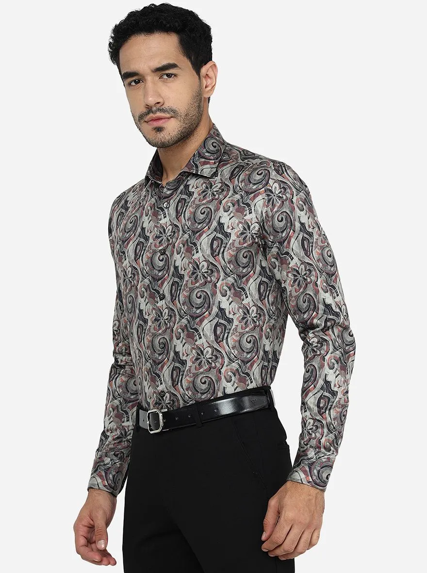 Dark Grey & Maroon Printed Slim Fit Party Wear Shirt | JB Studio