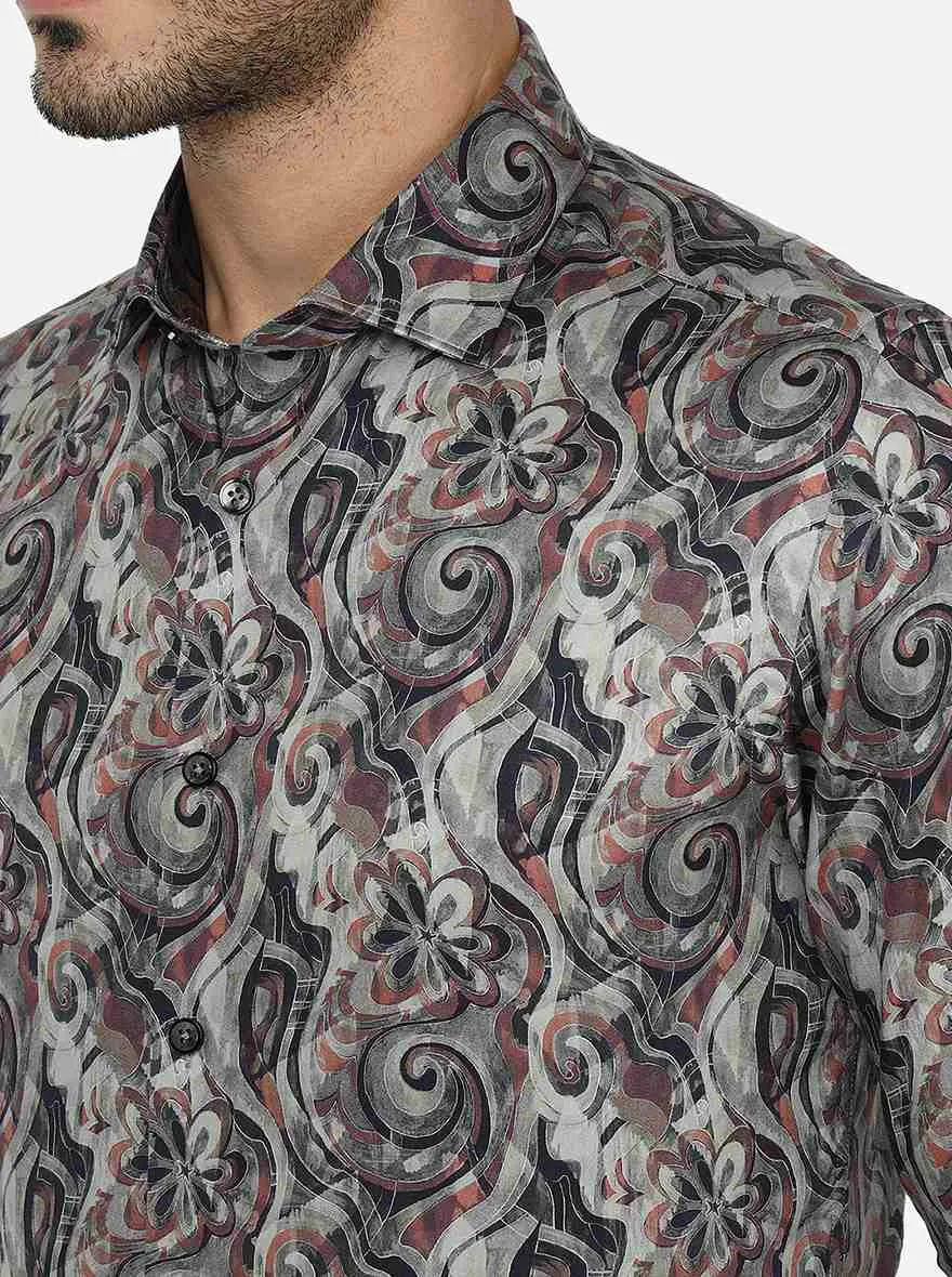 Dark Grey & Maroon Printed Slim Fit Party Wear Shirt | JB Studio