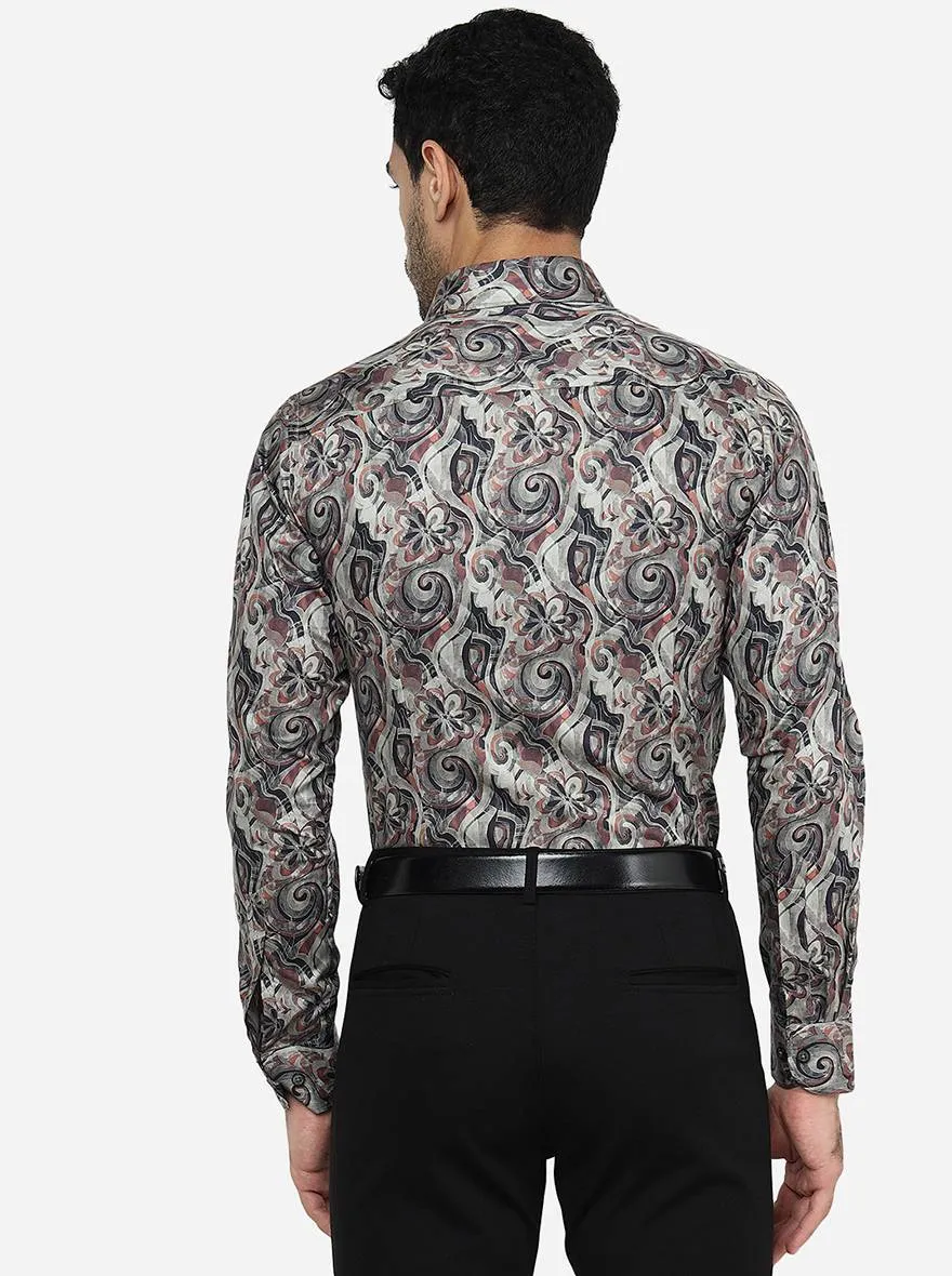Dark Grey & Maroon Printed Slim Fit Party Wear Shirt | JB Studio