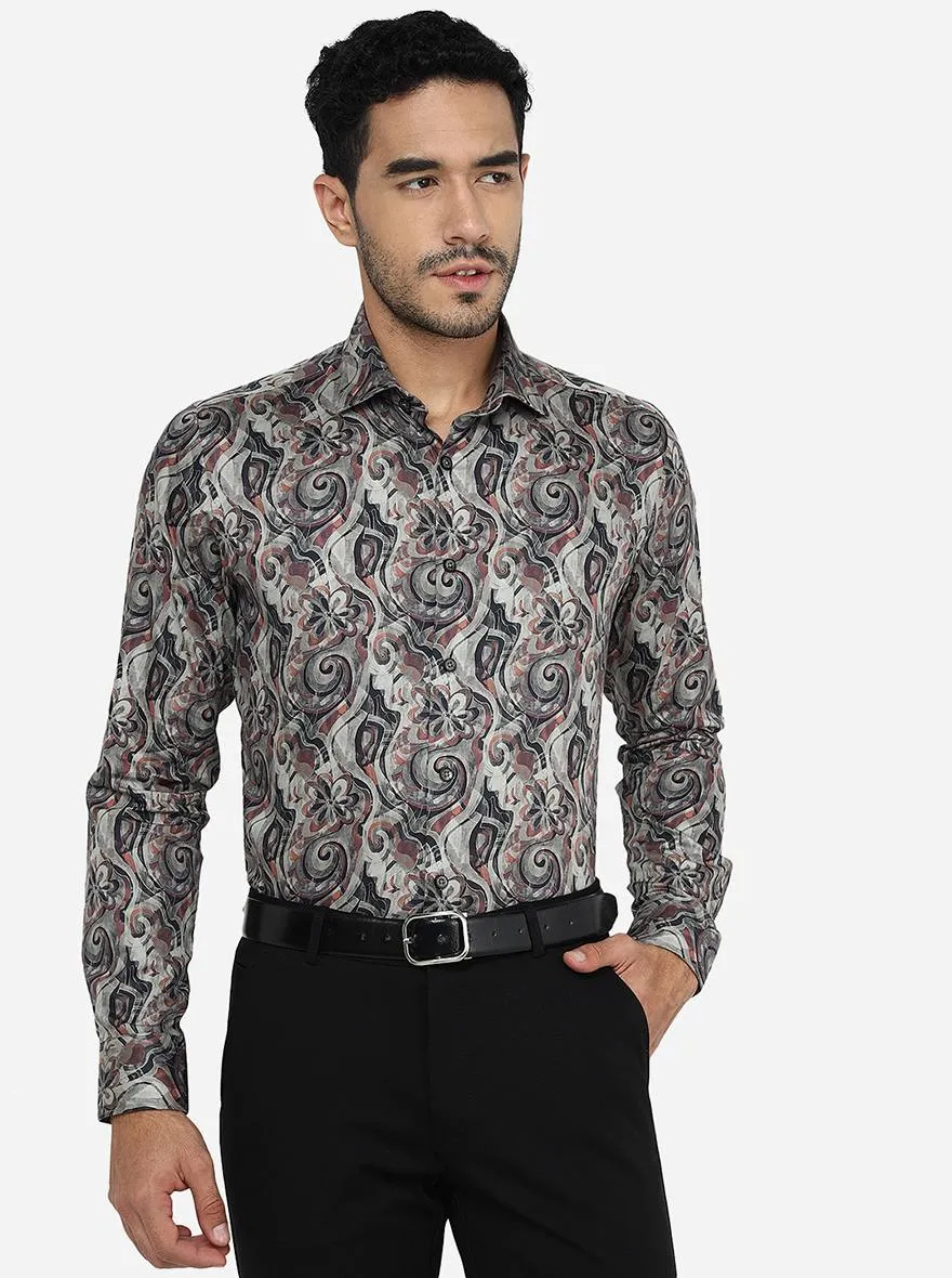 Dark Grey & Maroon Printed Slim Fit Party Wear Shirt | JB Studio