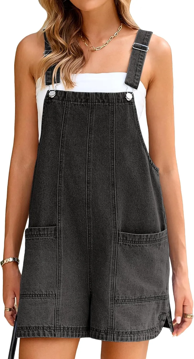 Glamaker Womens Denim Overalls Romper Casual Loose Fit Jean Rompers Adjustable Straps Overall Shorts Summer Outfits