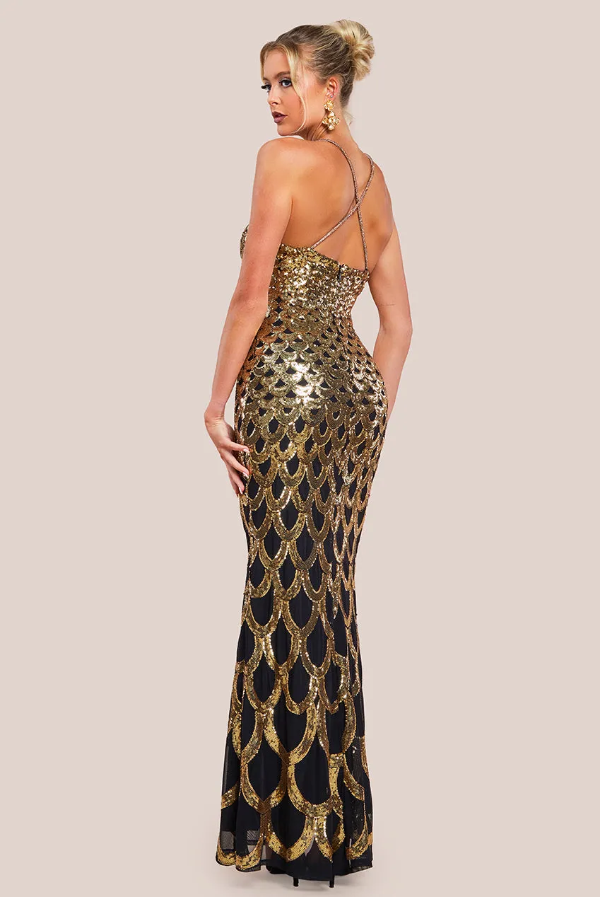 Goddiva Diamante Strap Fish Scale Sequin Maxi Dress
