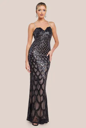 Goddiva Diamante Strap Fish Scale Sequin Maxi Dress