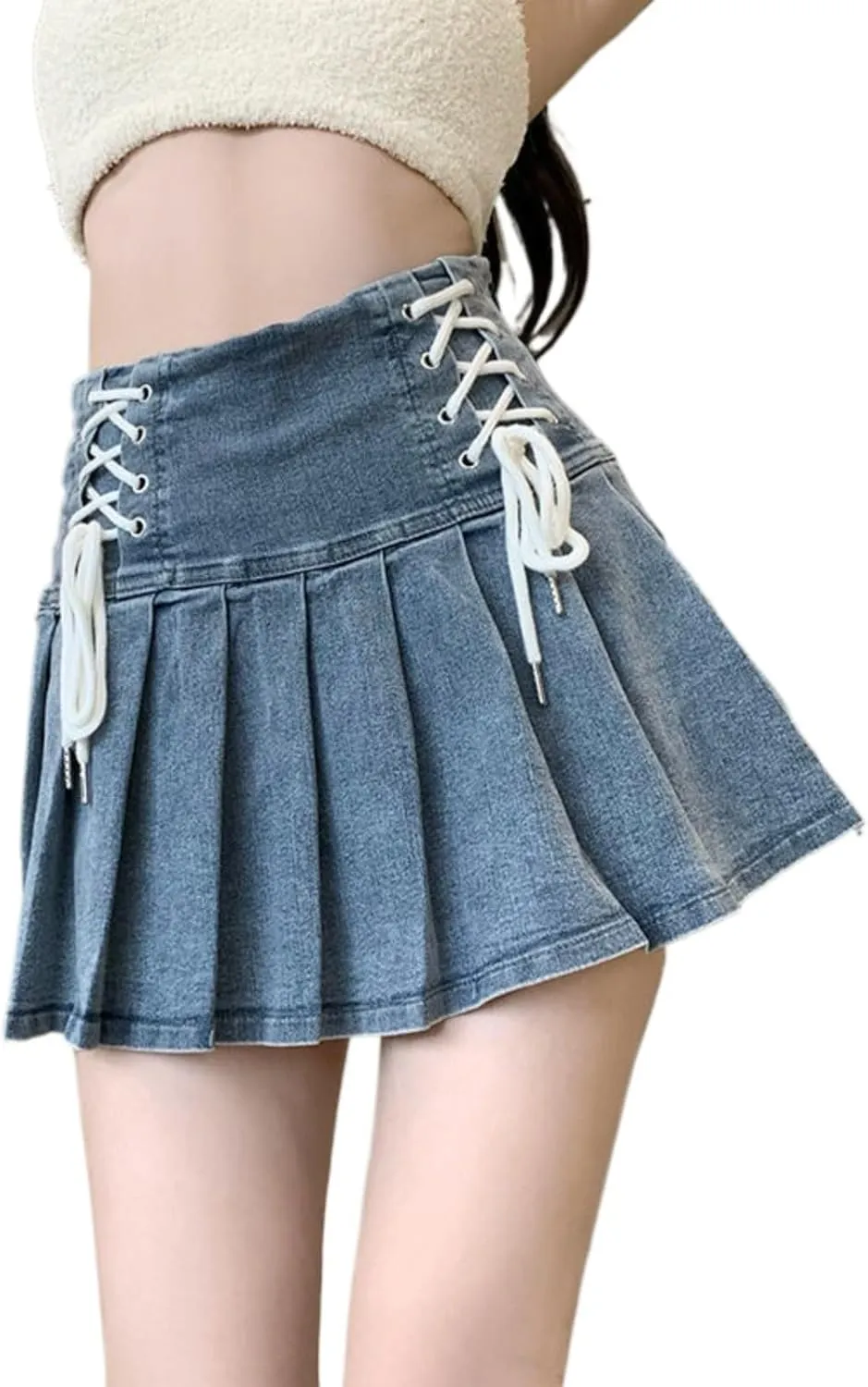 Kawaii Denim Mini Skirts Y2k Jean Cargo Skirt Lace Up Pleated Skirt High Waist Preppy Summer Skort Cutecore Clothes for Women