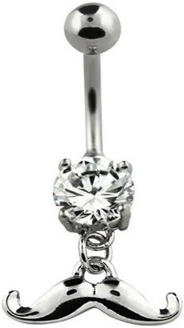 Mustache CZ Belly Button Navel Banana Ring Silver-tone Stainless Steel