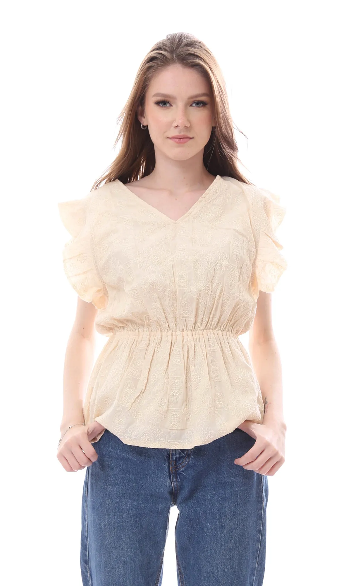 O166507 Casual Stitched Pattern Raffle Sleeves Pastel Yellow Blouse