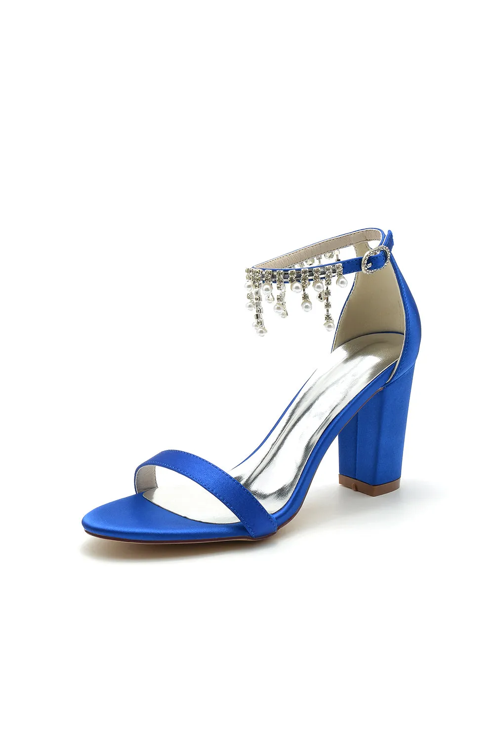 Open Toe Block Heels with Rhinestone Tassel