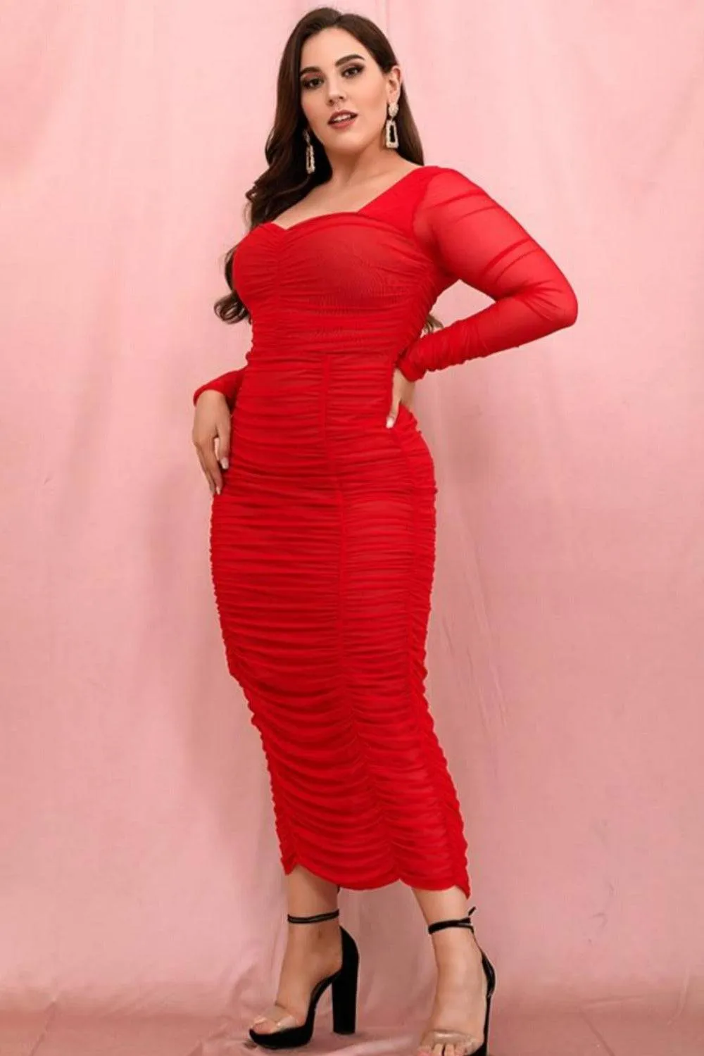 Plus Size Bodycon Midi Dress - Red