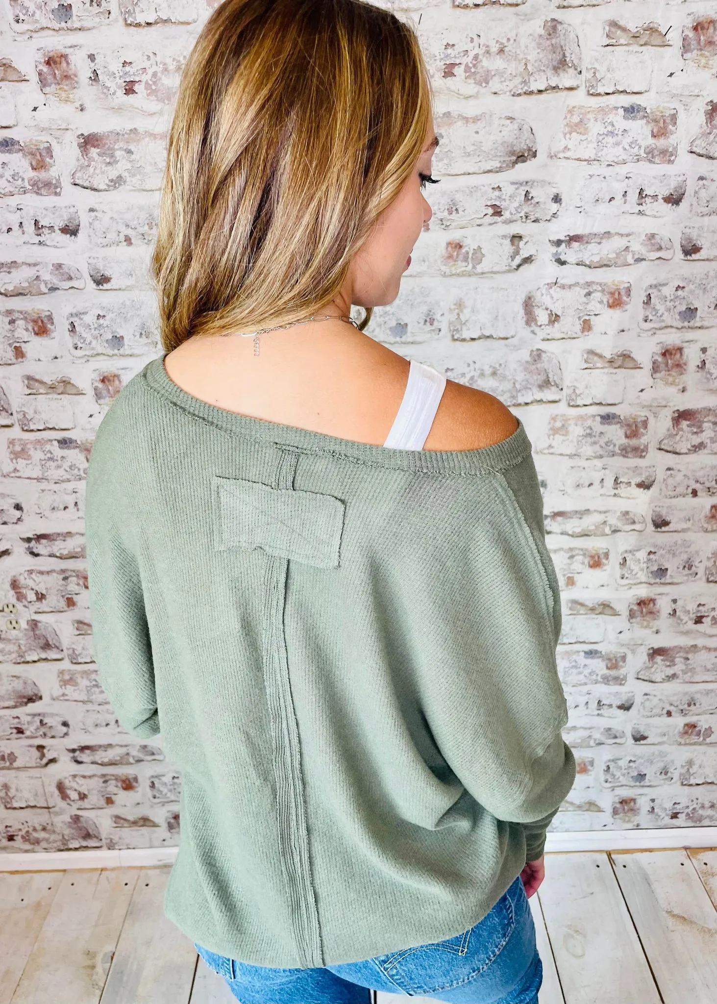 Raw Edge Split Neck Top Olive S-3X