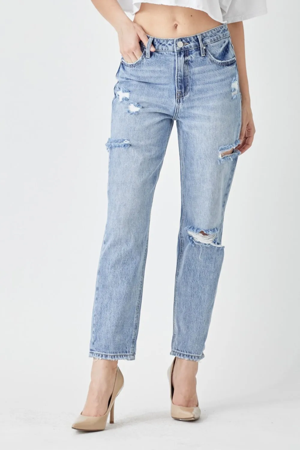 RISEN Distressed Slim Cropped Blue Denim Jeans
