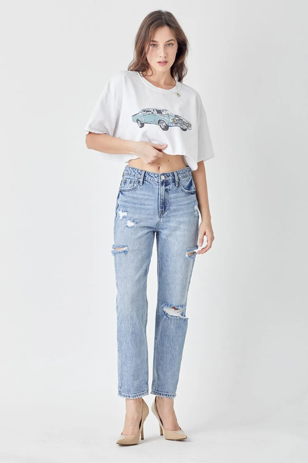 RISEN Distressed Slim Cropped Blue Denim Jeans