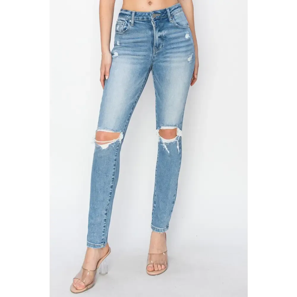 Risen High Rise Knee Distressed Skinny Jeans in Luxury Fashion for Women