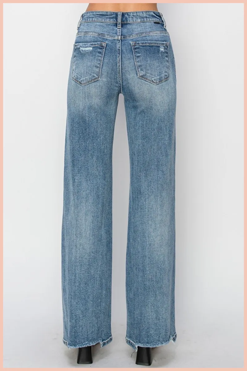 RISEN High Waist Distressed Wide Leg Denim