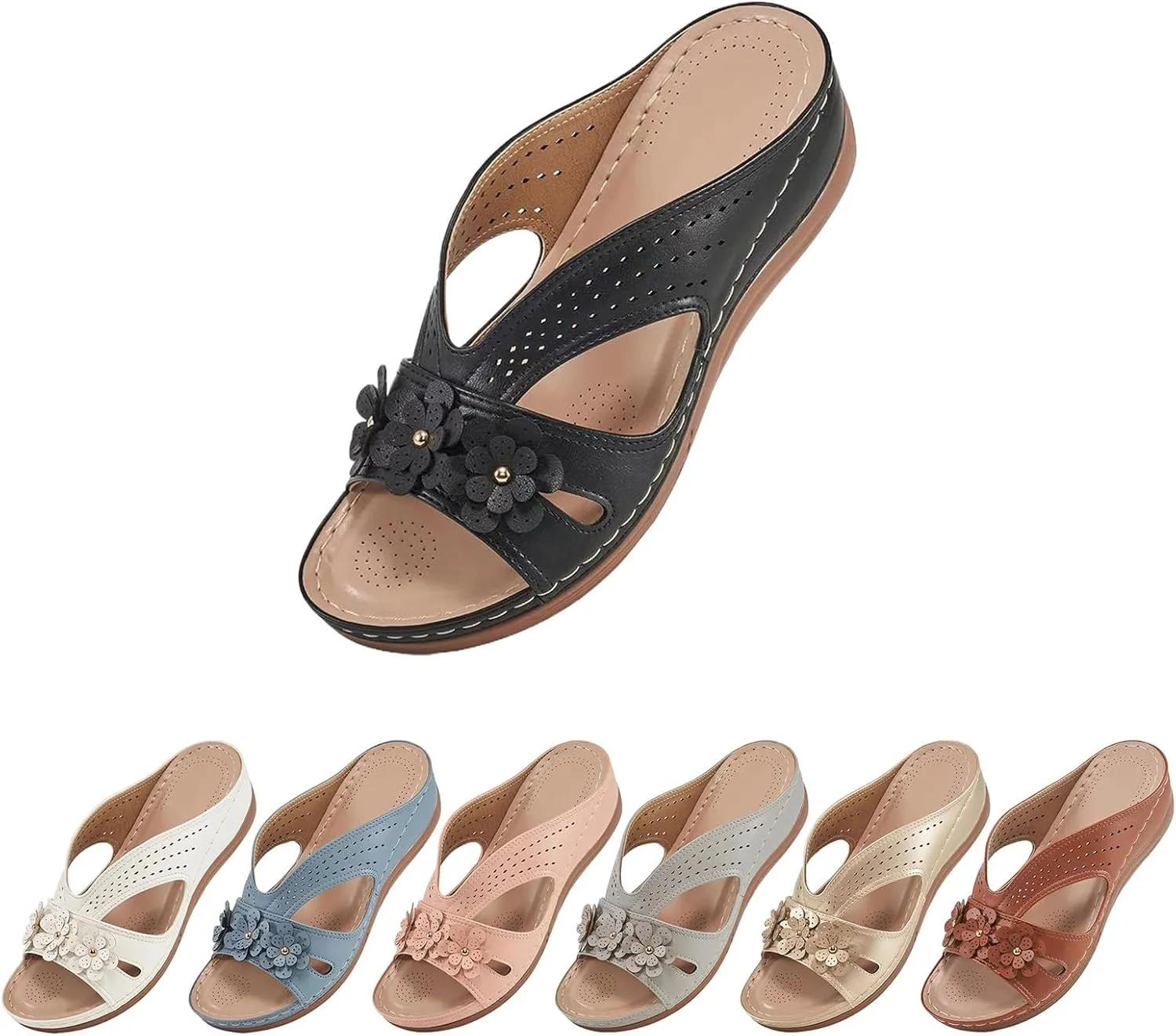 Summer Wedge Sandals for Women Soft Leather Sandal Comfortable Slip on Slide Lightweight Memory Foam Platform Shoes Casual Vacation Shoes
