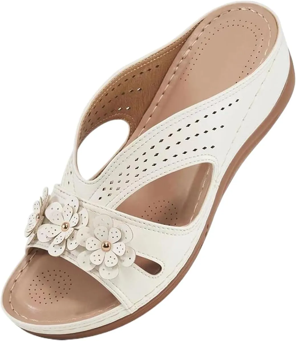 Summer Wedge Sandals for Women Soft Leather Sandal Comfortable Slip on Slide Lightweight Memory Foam Platform Shoes Casual Vacation Shoes