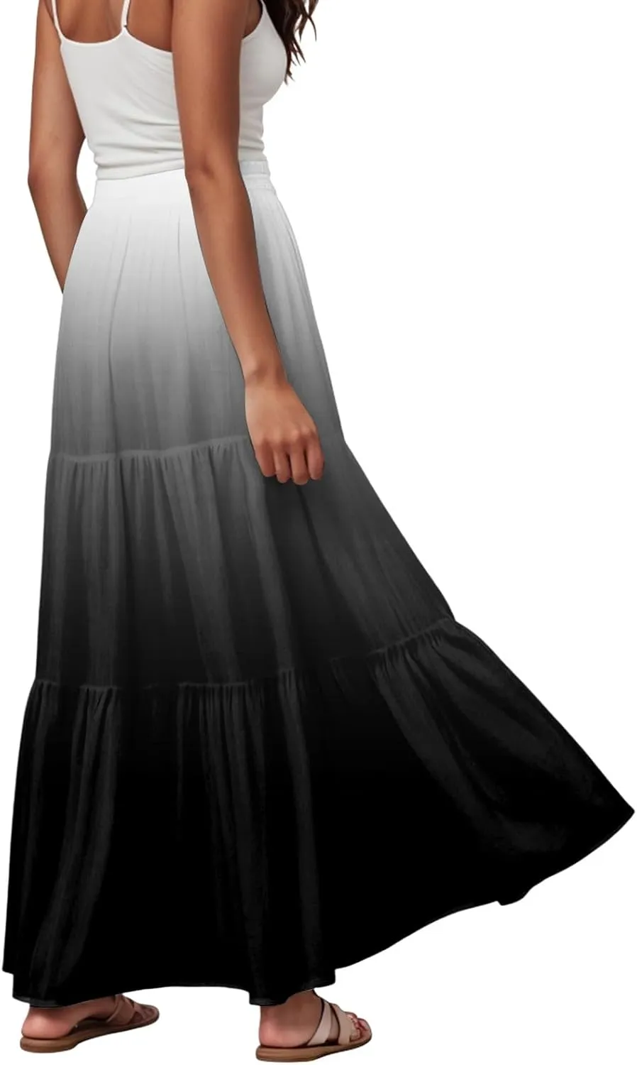 Women's Gradient Flowy Maxi Skirt Summer Pleated High Waisted Casual A-line Beach Vacation Long Skirts