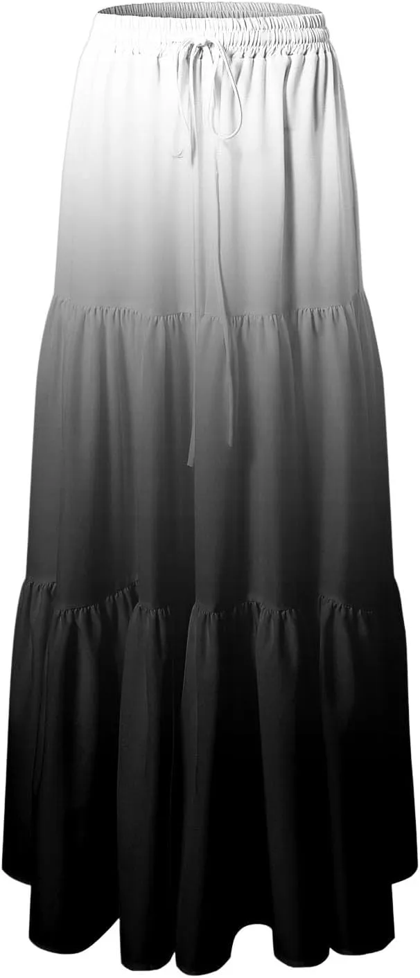 Women's Gradient Flowy Maxi Skirt Summer Pleated High Waisted Casual A-line Beach Vacation Long Skirts