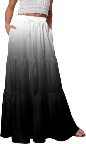 Women's Gradient Flowy Maxi Skirt Summer Pleated High Waisted Casual A-line Beach Vacation Long Skirts