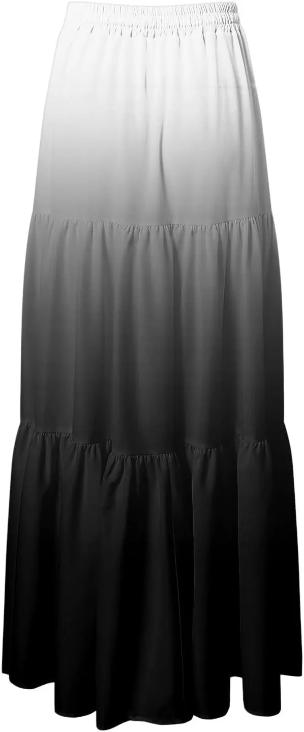 Women's Gradient Flowy Maxi Skirt Summer Pleated High Waisted Casual A-line Beach Vacation Long Skirts