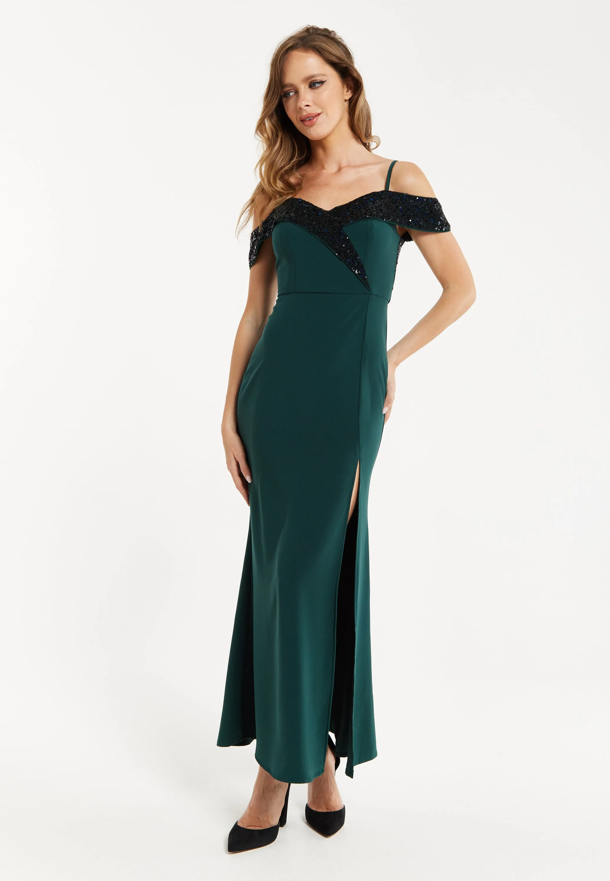 Women's Maxi Dress in Emerald Green with Off-Shoulder Design, Thigh-High Slit & Black Sequin Detail by Liquorish