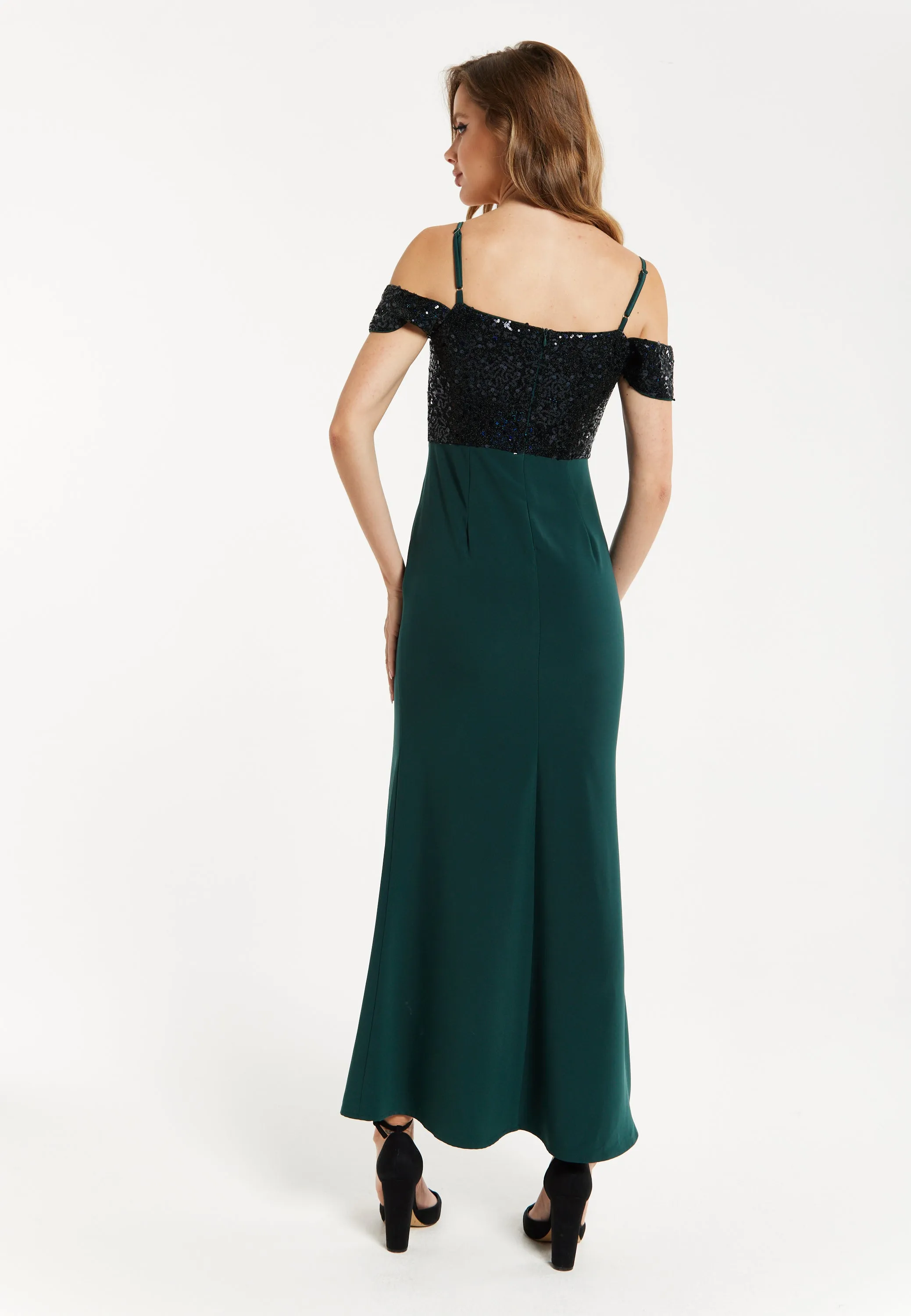 Women's Maxi Dress in Emerald Green with Off-Shoulder Design, Thigh-High Slit & Black Sequin Detail by Liquorish
