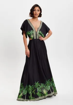 Women's Maxi Dress with Leaf Print, V-Neck, A-Line Fit, Back Detail, Sleeveless - Elegant Style by Liquorish