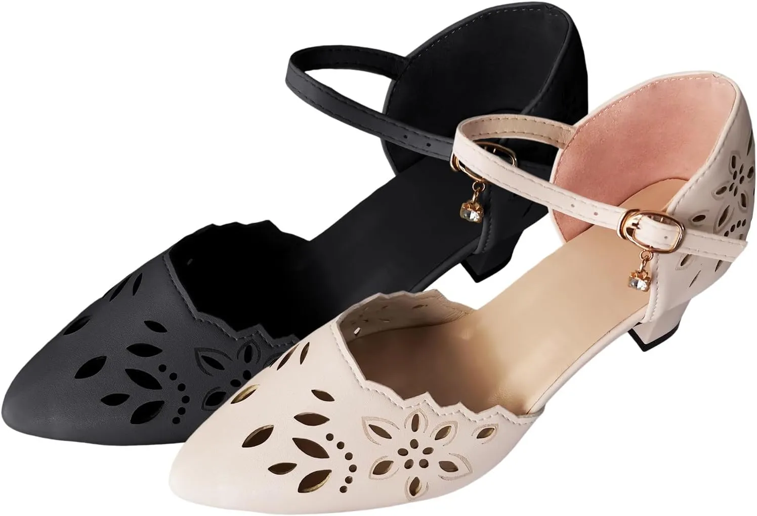 Women's Sandals Black Ladies Pointed Toe Flower Hollow Out Soft Leather Pendant Buckle Large Size Platform Sandals Women