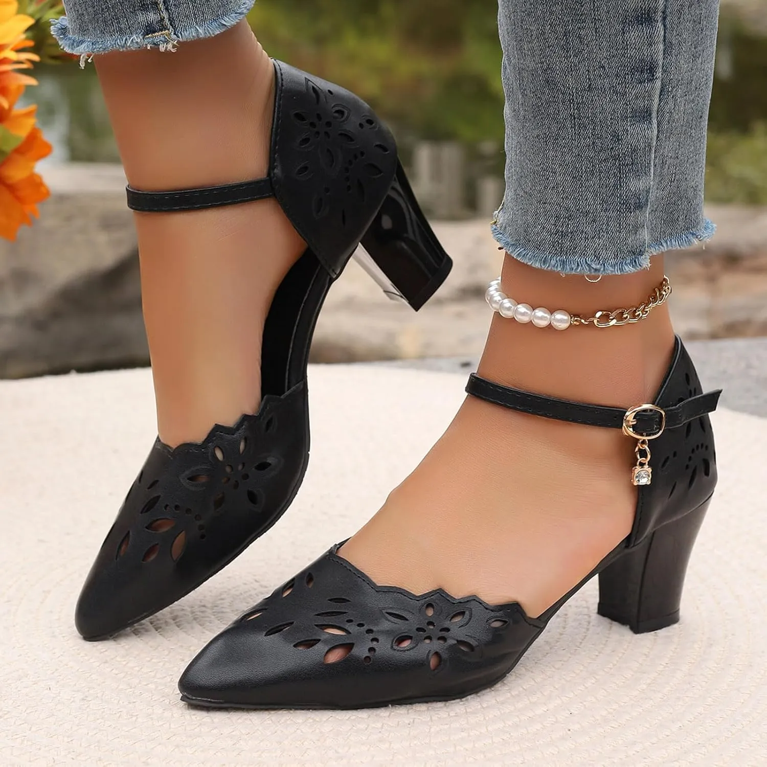 Women's Sandals Black Ladies Pointed Toe Flower Hollow Out Soft Leather Pendant Buckle Large Size Platform Sandals Women