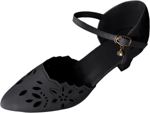 Women's Sandals Black Ladies Pointed Toe Flower Hollow Out Soft Leather Pendant Buckle Large Size Platform Sandals Women