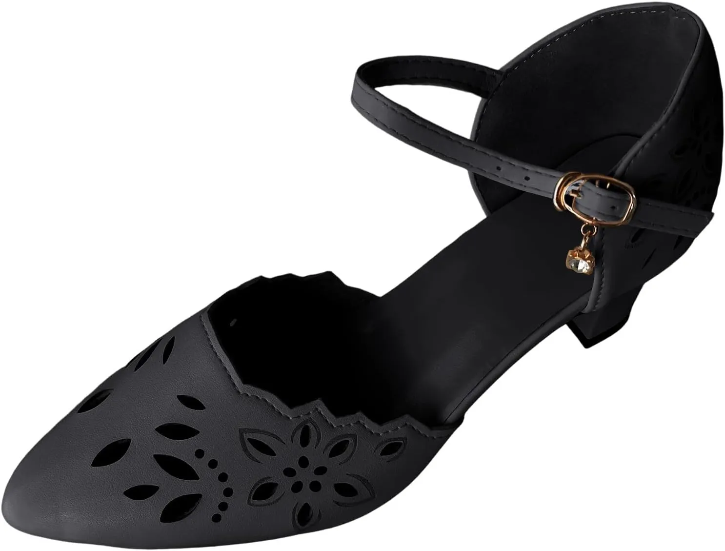Women's Sandals Black Ladies Pointed Toe Flower Hollow Out Soft Leather Pendant Buckle Large Size Platform Sandals Women