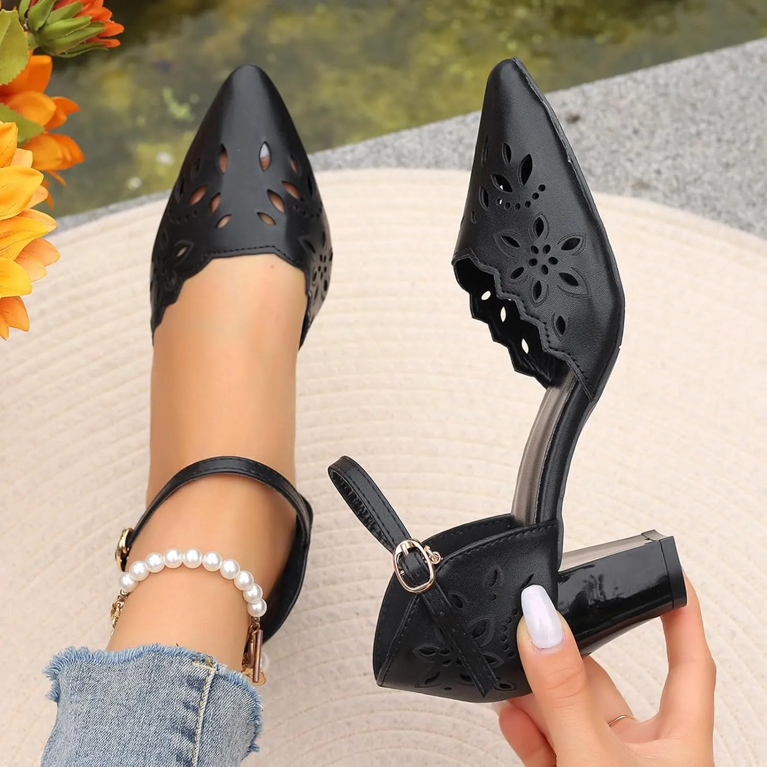 Women's Sandals Black Ladies Pointed Toe Flower Hollow Out Soft Leather Pendant Buckle Large Size Platform Sandals Women